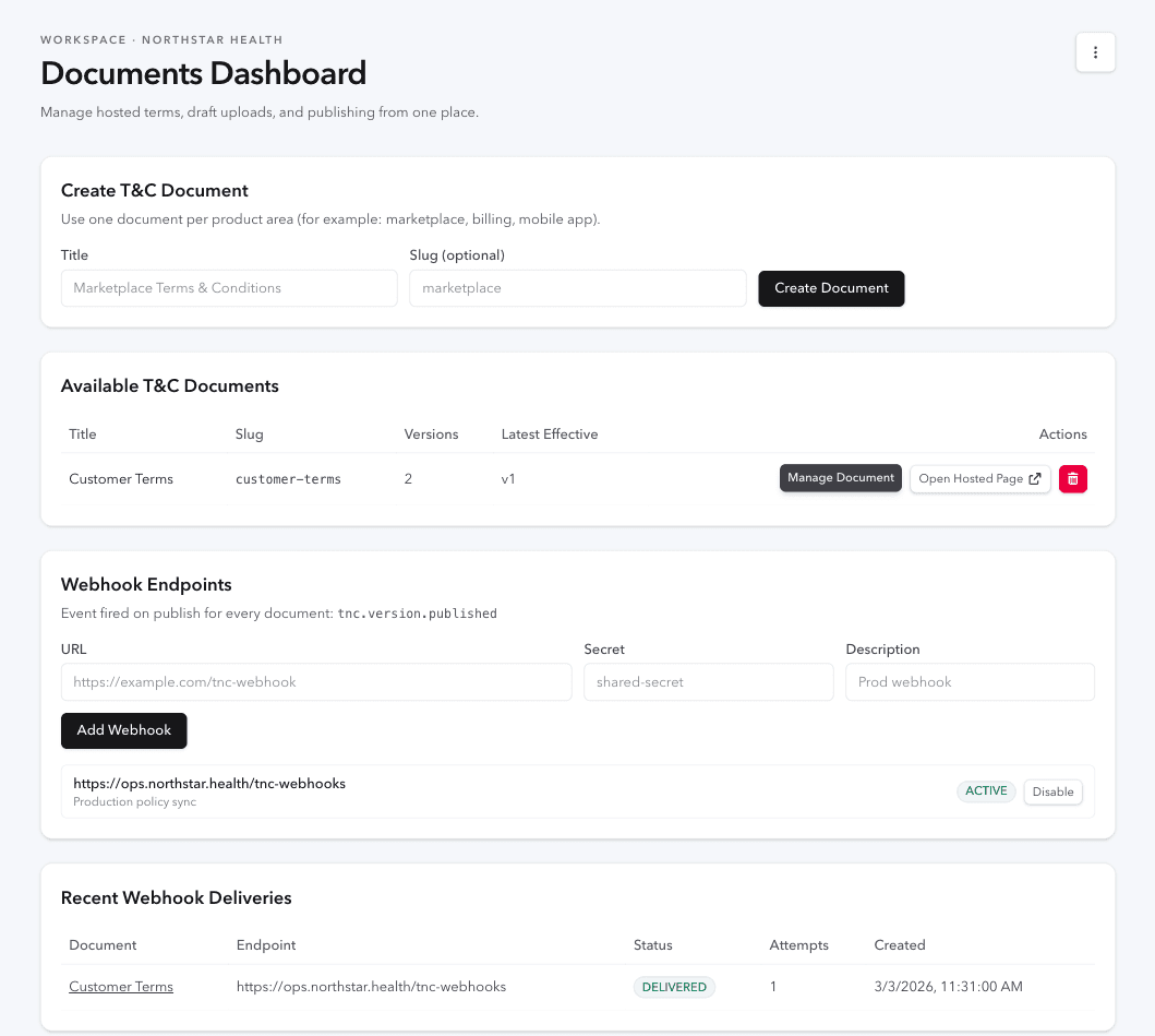 Docompli dashboard for Northstar Health showing Customer Terms, an active webhook endpoint, and a delivered webhook event.