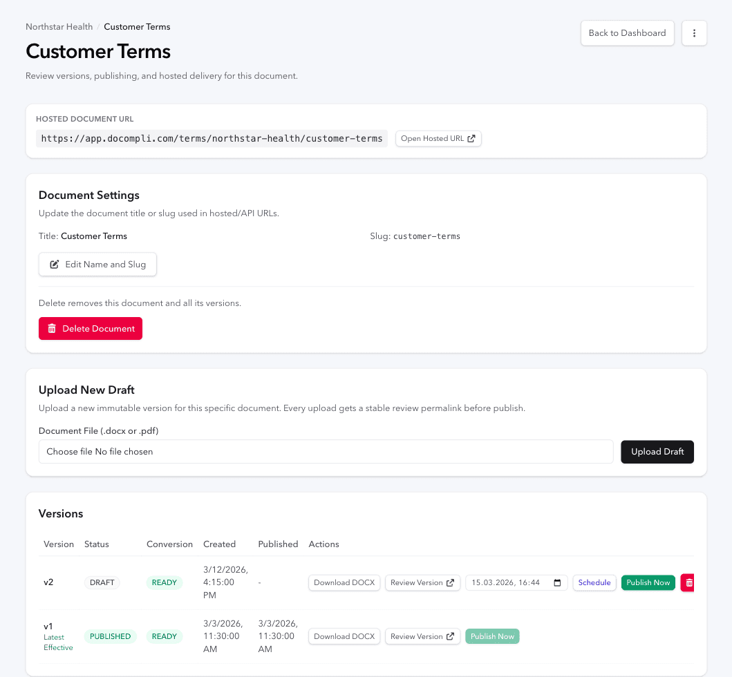 Docompli document detail screen for Northstar Health showing the hosted document URL and versions table for Customer Terms.